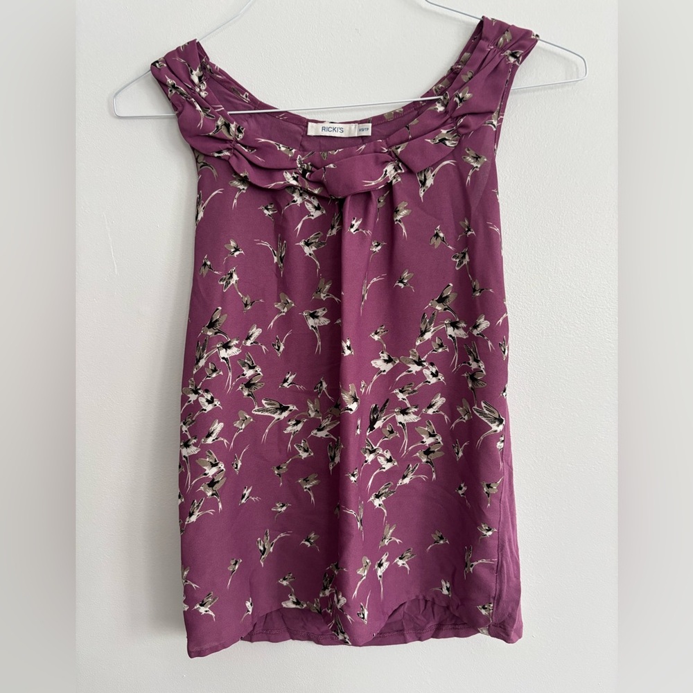 Ricki's Purple Hummingbird Pattern Plum Wine Sleeveless Tank Top Blouse Size XS